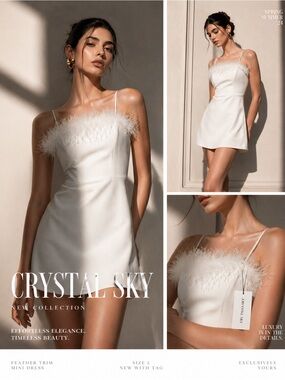Crystal Sky Feather Trim Mini Dress NWT Size L Elegant Chic